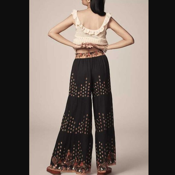 New L Ranna Gill x Anthropologie tiered wide-leg pants in black pattern - Picture 2 of 10